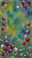 Watercolor floral border with red clover blooms, green leaves, and golden chemical formula patterns on a teal textured background with copy space.