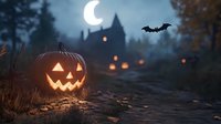 Glowing carved pumpkin on dark forest path with haunted castle silhouette and flying bat against moonlit sky creates spooky Halloween atmosphere.