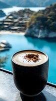 Hot chocolate with cocoa powder in black ceramic cup against stunning turquoise lagoon backdrop, luxury vacation mood, morning refreshment by seaside resort.