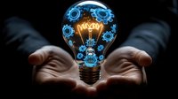 Glowing lightbulb with blue neon gears and machinery floating above open palms against dark background, symbolizing innovation and technological advancement.