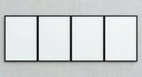 Four blank white canvas frames with black borders mounted on textured gray wall for gallery exhibition or art display mockup.