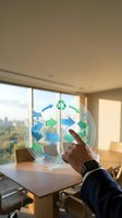 Businessman touching transparent circular display showing renewable energy cycle with recycling symbol, solar panels, and green arrows in modern office with city view.
