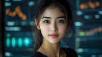 Young Asian woman smiling confidently against blurred financial trading charts and market data background, professional business environment with modern technology displays.