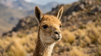 Young vicuña portrait in natural Andean mountain habitat with golden fur and alert expression against blurred rocky landscape background.