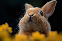 Close up portrait of adorable brown bunny rabbit with big eyes and nose peeking above yellow spring flowers against dark background. Perfect for Easter designs.
