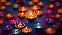Glowing colorful diya lamps with burning flames during Diwali celebration, creating magical bokeh effect against dark background. For festive designs.