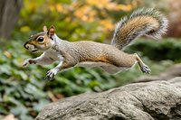 Gray squirrel leaping between rocks in autumn garden setting, captured mid-jump with fluffy tail extended and legs stretched out showing dynamic movement.