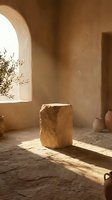 Minimalist Mediterranean interior with natural stone block, arched window, clay pottery and olive branch creating warm sunlit atmosphere for home decor.