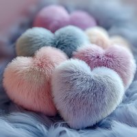 Soft fluffy heart-shaped decorations in pastel pink, blue and purple colors on furry background. Romantic valentines concept with plush textile hearts.