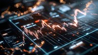 Glowing orange stock market chart with dramatic price movement displayed on digital screen, featuring dynamic trading data and financial analysis graph.