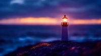 Glowing lighthouse beacon illuminates dramatic purple and orange sunset sky over dark ocean waves, creating atmospheric maritime scene with moody lighting.