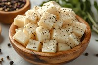 Fresh white cheese cubes seasoned with black pepper in wooden bowl, soft dairy product ready for cooking and healthy snacking.