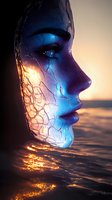 Mystical female profile with cracked glowing skin effect against sunset water background, dramatic blue and orange lighting creates ethereal atmosphere.