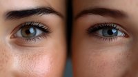 Close up view of two eyes with long eyelashes and natural freckles on fair skin, showing contrasting sides in macro photography. Suitable for beauty and skincare advertising.