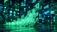 Glowing green upward arrows on digital circuit board background representing financial growth, stock market gains, and business success metrics.