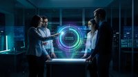 Business team analyzing holographic data visualization in modern office with futuristic technology interface for corporate presentations and meetings.