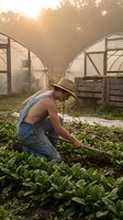 Young male farmer in overalls and straw hat harvesting fresh leafy greens at sunrise in organic greenhouse garden with golden sunlight filtering through trees.