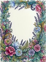 Watercolor floral frame with roses, lavender, ferns, and berries in soft pink, blue, and green tones, with blank center for text or design.