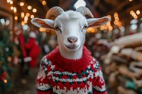 White goat wearing festive red Christmas sweater with holiday lights bokeh background for seasonal greeting cards and winter farm animal themes.