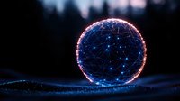 Glowing sphere with interconnected network lines and dots creating futuristic digital globe against dark background, illuminated in blue and pink neon colors.