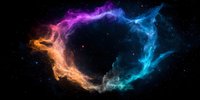 Cosmic nebula with vibrant orange, purple and blue colors swirling against black space background, creating ethereal smoke-like formations in deep space.