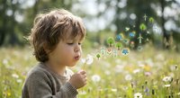 Young child blowing dandelion with digital icons floating away representing technology, social media and connectivity in nature outdoor setting.