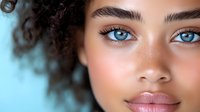 Close-up portrait of young woman with curly hair, freckles, blue eyes, and natural makeup against light blue background.