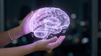 Glowing purple holographic brain floating above open hands in dark futuristic environment for medical technology and neuroscience concepts.