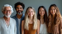 Diverse group of five people with different ages and ethnicities smiling together against gray background, representing community, friendship, and inclusion.