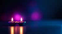 Traditional oil lamps burning with warm flames against vibrant purple and blue bokeh background creating peaceful ambiance for meditation and relaxation.