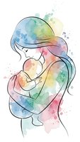 Watercolor mother holding newborn baby with rainbow colors and paint splashes on white background for maternity and parenting designs.