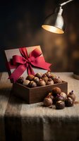 Wooden box filled with chocolate truffles topped with red ribbon bow, illuminated by overhead lamp against dark background. Perfect for gift, holiday, celebration, and confectionery marketing.