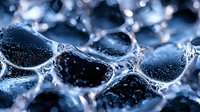 Macro photography of frozen water droplets creating crystalline patterns with blue tones and bokeh light effects in background, showing intricate ice formations.