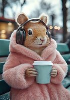 Cute hamster in pink fluffy coat listening to music with headphones while holding coffee cup on park bench. Cozy autumn mood with bokeh lights background.