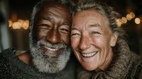 Two happy senior men embracing and laughing together in warm indoor setting with bokeh lights creating joyful atmosphere for friendship and aging concepts.