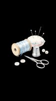 Sewing supplies collection with thread spool, pincushion, needles, thimble, scissors and buttons isolated on transparent background. Ready for crafting designs, t-shirts, clipart and print-on-demand projects.