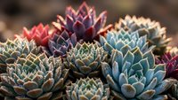Colorful succulent plants with rosette formations in vibrant hues of blue, purple, pink and green creating natural geometric patterns for gardening projects.