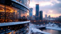 Modern glass building with warm lights reflecting in windows at sunset, snowy winter cityscape with skyscrapers and river view in background creates cozy atmosphere.