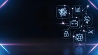 Digital business icons connected by glowing lines on dark futuristic background with neon frame for technology presentations and corporate materials.