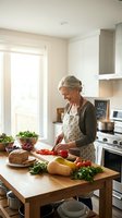 Mature Caucasian woman preparing healthy meal in modern kitchen cutting fresh vegetables on wooden cutting board for cooking dinner.
