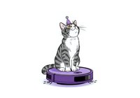 Tabby cat with crown sitting on purple robotic vacuum cleaner against white background, isolated clipart for design, t-shirt printing, and pet-related projects.