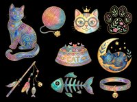 Colorful cat and pet accessories collection isolated on transparent background, ready for t-shirt designs, stickers, clipart, sublimation, and print-on-demand products.