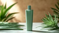 Green cosmetic bottle with silver cap surrounded by fresh aloe vera leaves on neutral background for natural skincare and beauty product packaging.
