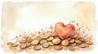 Watercolor heart with golden coins and floral elements on textured paper background for romantic finance and wealth concepts.