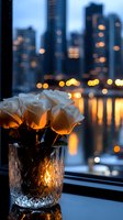White roses in crystal vase against evening cityscape backdrop with glowing bokeh lights and reflections on window, creating romantic urban atmosphere at twilight.