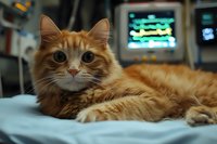 Ginger long-haired cat resting on blue blanket in veterinary clinic with medical monitors in background, showing alert expression and fluffy coat.