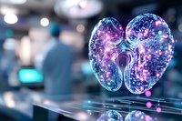 Glowing purple and blue butterfly-shaped hologram with sparkles floating above reflective surface in futuristic laboratory environment, science concept background.