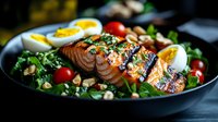 Grilled salmon fillet with mixed greens, cherry tomatoes, nuts and boiled eggs on dark plate. Healthy protein-rich meal for lunch or dinner menu.
