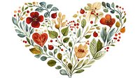 Floral heart arrangement with red and cream flowers, green leaves, and berries in folk art style. Romantic botanical composition for wedding invitations and valentines.