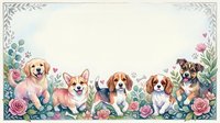 Adorable puppies border frame with floral elements and roses on light background, isolated design ready for greeting cards and pet-themed projects.